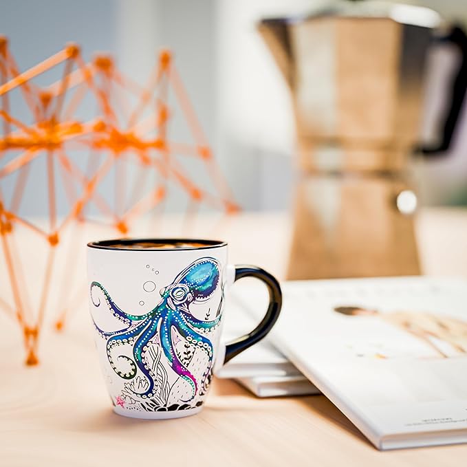 Color Changing Octopus Coffee Mug 12oz – Heat Sensitive Ceramic Cup with Ocean Reef & Coral Design, Coastal Beach Theme Mug, Unique Christmas Holiday Birthday Gift for Octopus Lovers, Men & Women