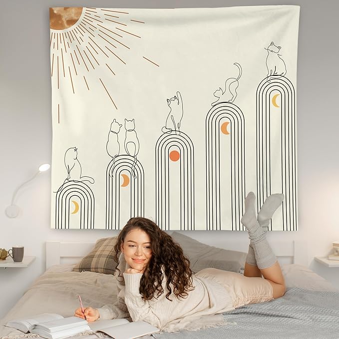 WNAGT Boho Celestial Cat Tapestry Wall Hanging, Cat Lover Gifts, Abstract Modern Minimalist Boho Sun and Moon Cats Wall Blanket Decor for Home Bedroom Living Room Office, 50x60 Inch