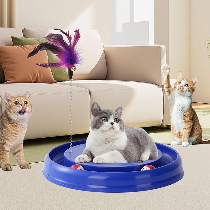 Interactive Cat Ball Track Toy Cat Scratcher with 2 Self-Rotating Balls and 1 Kitten Interactive Toy,Durable Scratch Pad for Indoor Play,Cardboard Scratcher Pad 3-in-1 Cat Toy (Blue)