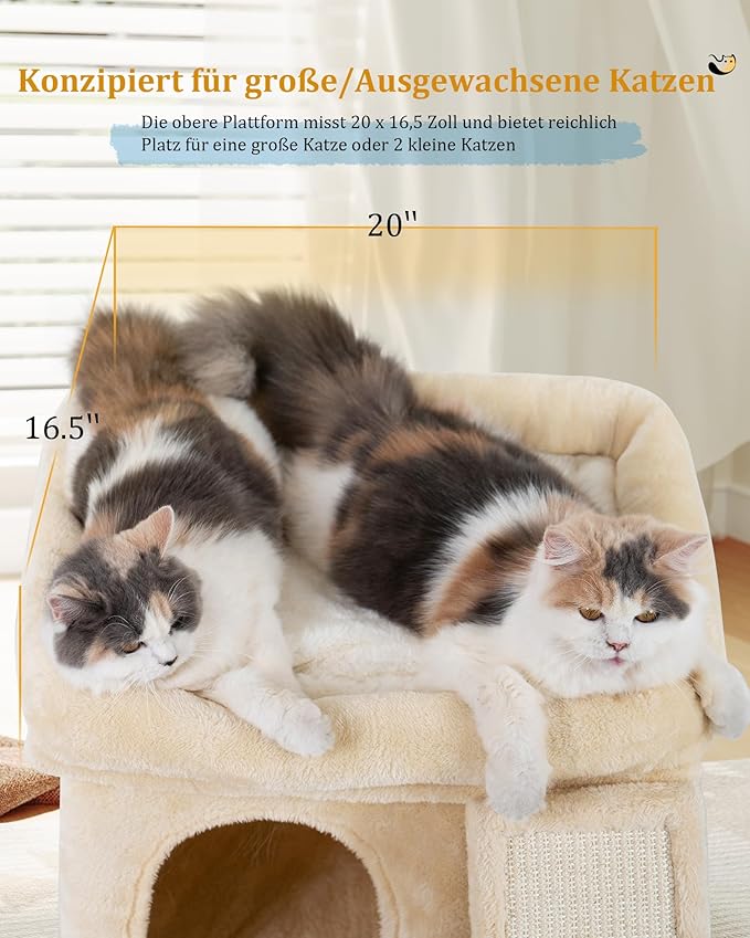 Aechonow Small Cat Tree Tower for Large Cat, Cat Bed House with Large Perch for Adult Cats, 20 * 16.5 Inch Big Platform for Indoor with Super Cozy Soft Mat, Large Cat Condo with Scratching Post, Beige