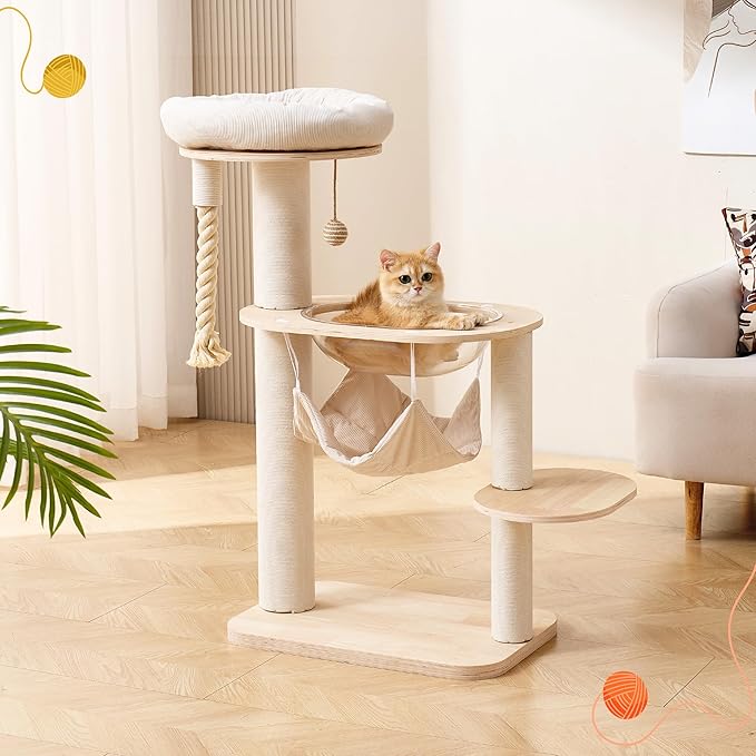 Modern Cat Tree Small Tower with Scratching Post for Indoor, Solid Wood Multifunctional Corner Cat Tree Tower with Bed