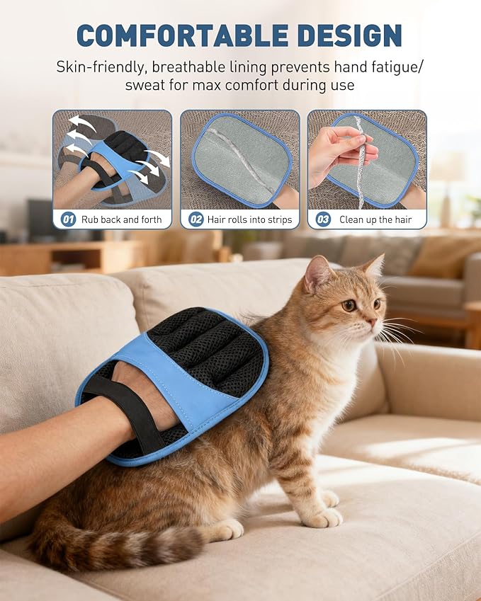 Pet Hair Removal Glove - Electrostatic Magic Brush Gloves Pet Hair for Dogs and Cats, The Magic Brush Pure Path Yomi Pet Grooming Needs, Fur Remover for Furniture, Clothes, Car Seats (Blue)
