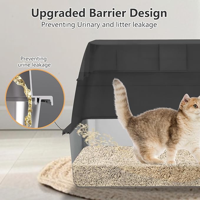 Ultimate Stainless Steel Litter Box with Lid - XXL Enclosed Anti-Leak Design for Big Cats, Non-Stick Easy Clean Metal Litter Box System with Scoop Set, High-Sided Urine Protection, Sleek Black