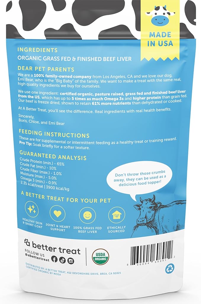 A Better Treat – Organic, Freeze Dried, Single Ingredient, 100% Grass Fed and Finished Beef Liver Dog Treats, Cat Treats | Natural Healthy | Grain Free, High Protein, Diabetic Friendly | Made in USA
