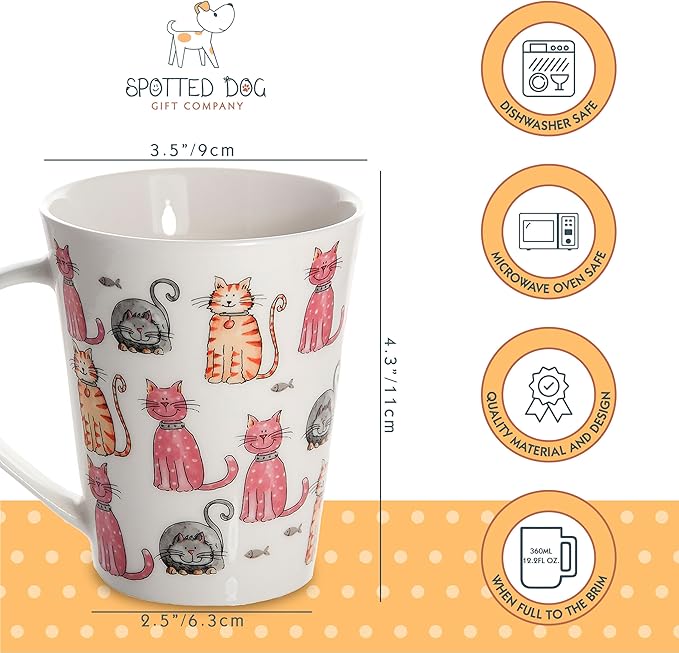 SPOTTED DOG GIFT COMPANY Cat Mug, 12.2 oz Ceramic Coffee Mug & Tea Cup, Happy Cats Themed, Microwave & Dishwasher Safe, Cute Cat Gifts for Women and Animal Lovers