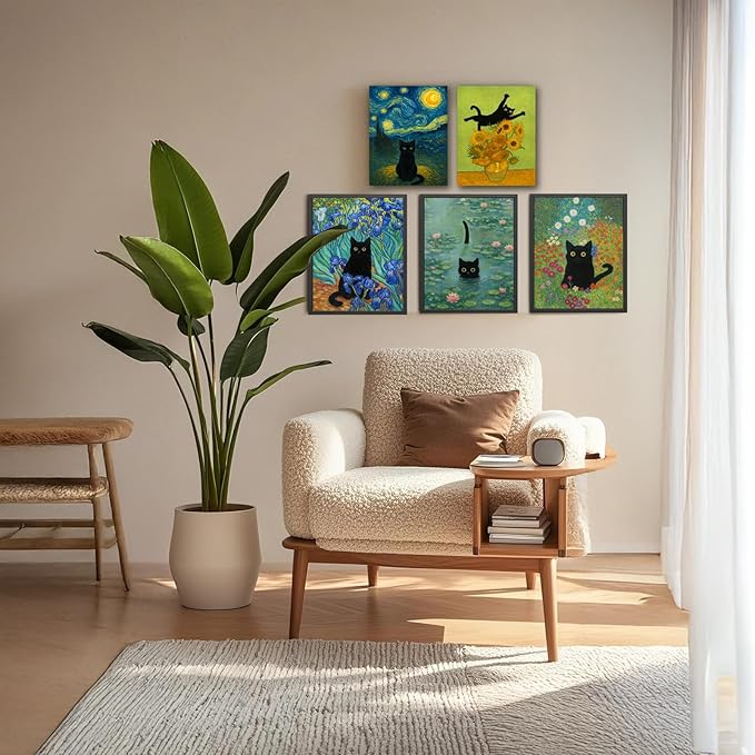 Funny Cat in Water Lilies Wall Art, Vintage Monet-Style Bathroom & Bedroom Decor, Ready to Hang Aesthetic Cat Gift for Dorm, Living Room, Black Frame Canvas Print(8’’x10’’)