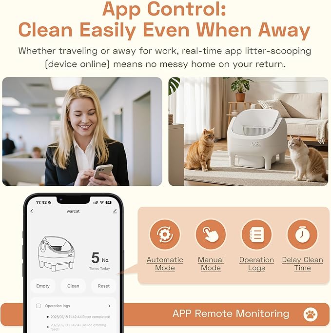 WARCAT Litter Box – Electric Automatic Self-Cleaning, Open-Top Design, Smart APP Control, 15L Large Waste Bin, Easy Odor Control, Includes Trash Bags & Mat (White)