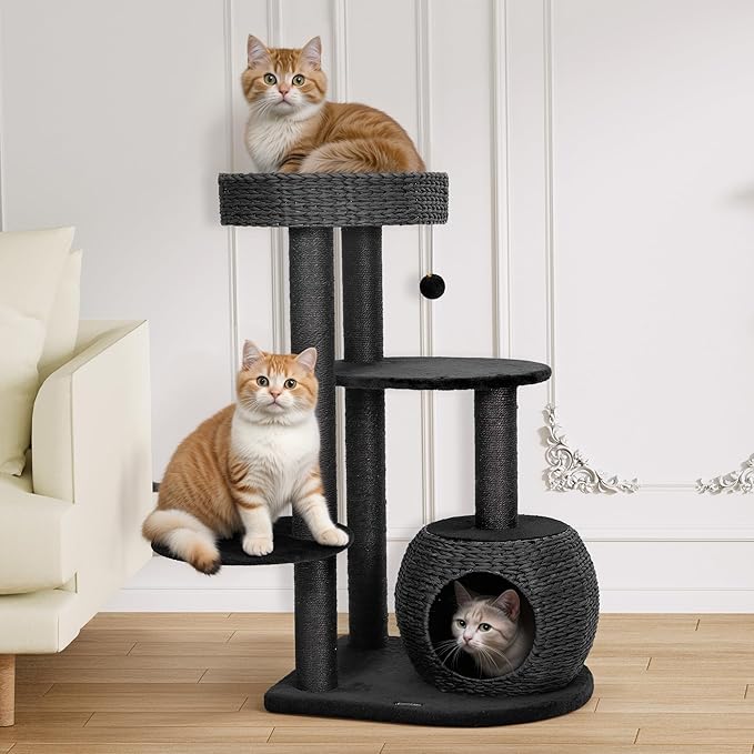NUNU Modern Cat Tree, Modern Cat Trees Tower, Wooden Cat Tree for Large Cats, 39" Cat Tower for Indoor Cats, Hand-Woven Condo & Top Perch, for Kittens Climb, Play & Rest