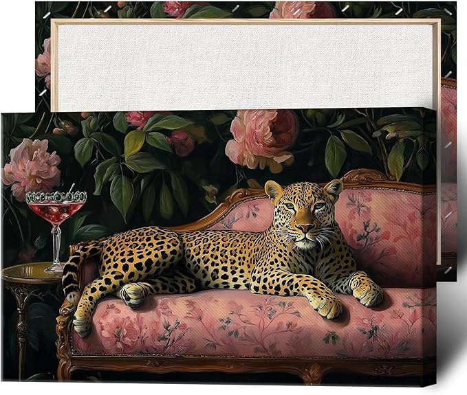 Leopard With Martini Wrapped Framed Print Poster Whimsical Animal Art Bar Cart Decor Wall Art Room Decor Aesthetics Ready To Hang 12X18 inch