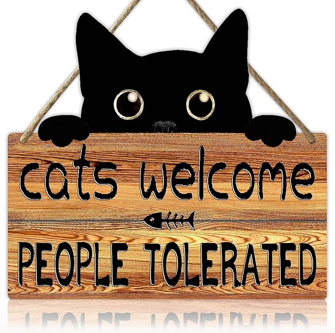 Funny Cat Signs Black Cat Welcome Sign Cat Home Decor Gifts For Cat Lovers Cat Gift For Women Cat Wall Art Halloween Black Cat Wooden Hanging Decor Door Sign Cats Welcome People Tolerated Sign