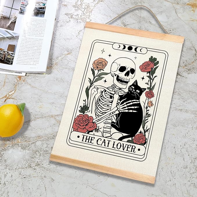 HEYJEEPER The Cat Lover Tarot Card Wall Art Decor,14x18inch Retro Skeleton and Cats Linen Wall Hanging Poster with Wood Hanger,Funny Gift for Cat Lovers,or Pet Shop(Cat01)