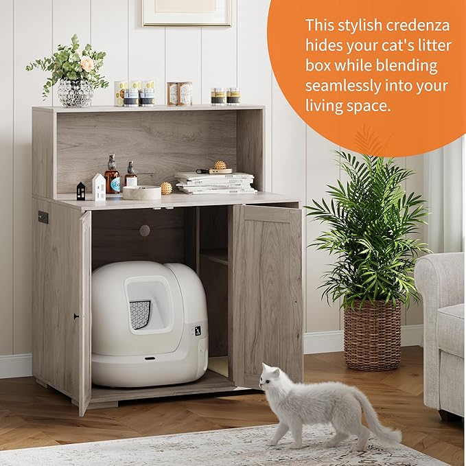 Garvee Dog-Proof Large Cat Litter Box Enclosure with Scratch Pad, Large Automatic Litter Box Furniture for Placing Self-Cleaning Litter Box,Litter Cabinet with Outlet,Space for Cat Stuffs