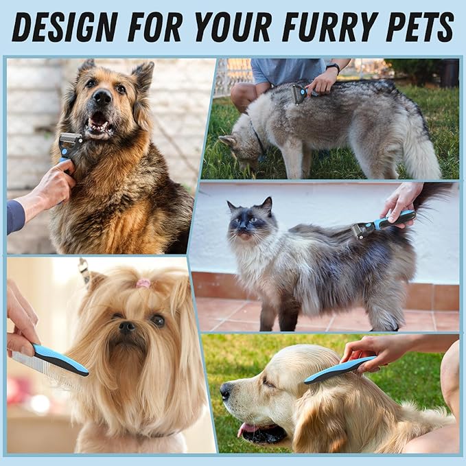 Pet Grooming Combo - Blue Deshedding Brush with Metal Comb for Detangling and Dematting Long, Matted Fur on Cats and Dogs