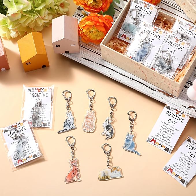 12 Set Cute Cat Keychain with Positive Cards and Bags Cats Animal Keychains Inspirational Gifts for Women Men Coworker Employee Stuff Team