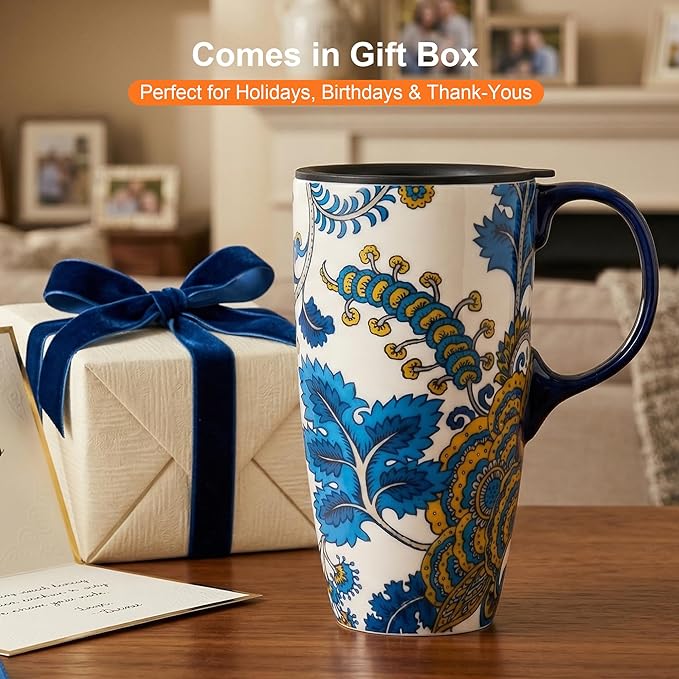 Topadorn Ceramic Mug with Lid and Handle,17oz. Tall Coffee Cup for Home,Party and Birthday,Blue Flower