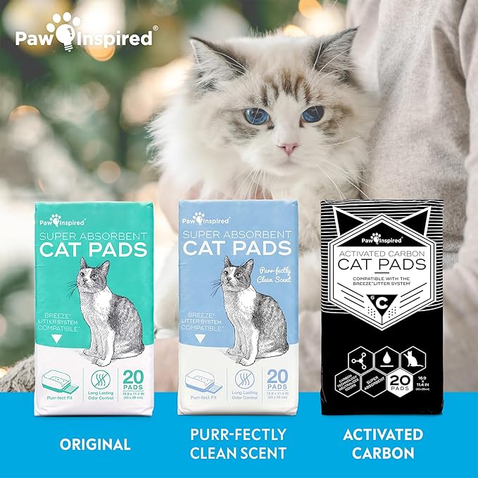 Paw Inspired Cat Pads, Generic Refills for Tidy Cats Breeze Litter Box System, Disposable Kitty Litter Liners, Super Absorbent Pee Pads, 16.9 x 11.4 Inch (Original/Unscented, 20 Count)