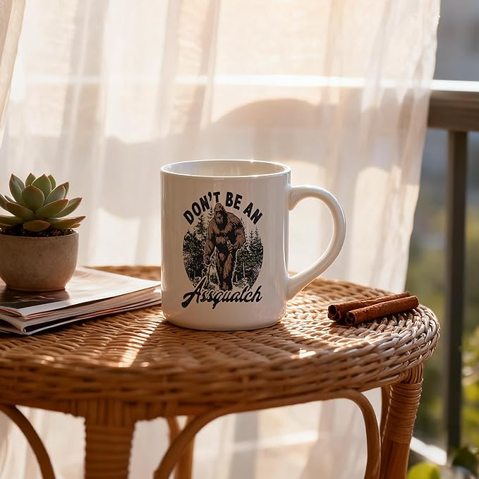 Retro Forest Funny Bigfoot Mug, Big Foot Sasquatch Gifts Coffee Cup, Gifts for Camping Hiking Lovers, Don't Be an Assquatch Sarcastic Ceramic Coffee Mug 11 oz