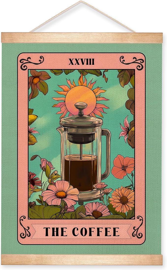 HEYJEEPER The Coffee Wall Art,Vintage Tarot Card Linen Print Posters,Green Floral Boho Kitchen Wall Hanging Decor for Cafe Bar,Dining Room, Barista Station, Gift for Coffee Lovers 14x18inch (Coffee02)