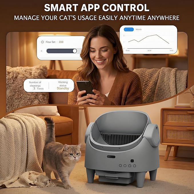 Automatic Cat Litter Box, Open-Top Self-Cleaning Litter Box with 15-Layer Safety Guard, Smart App Controlled Electric Litter Box, Adjustable Entry Height for Low Tracking & Odor Control