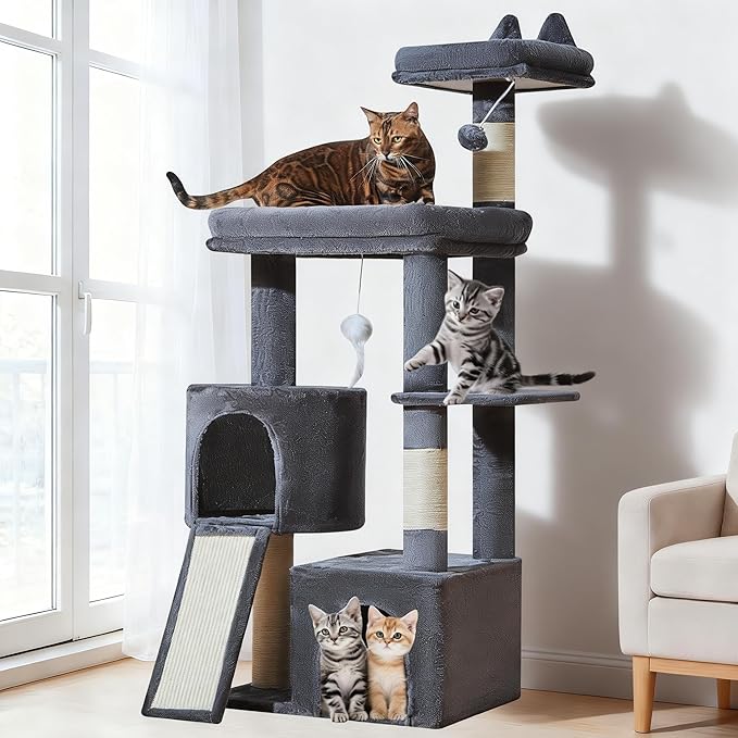 Taoqimiao Cat Tree for Indoor Cats, 55.1In Sturdy Cat Tower, Large Platform, Rotatable Round Condo with Large Scratch Board, Extended Cat House, Thickened Full-Sisal Scratching Post, Smoky Gray, F10G