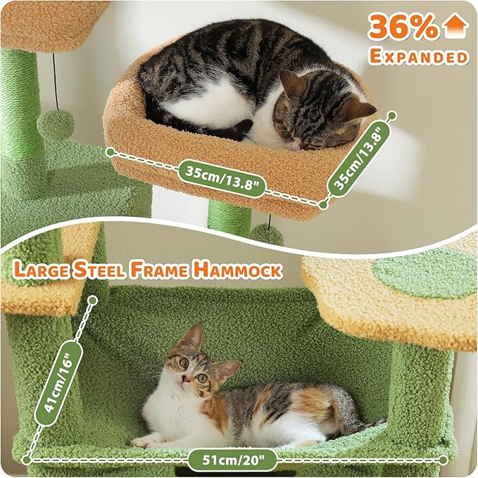 PAWZ Road Heavy Duty Cat Tree for Large Cats, 81 Inches Cactus Tall Cat Tower with 2 Perches, 2 Condos and Spacious Hammock, XL Extra Large Condo with 7 Scratching Posts for 20lb+ Adult Cats, Green