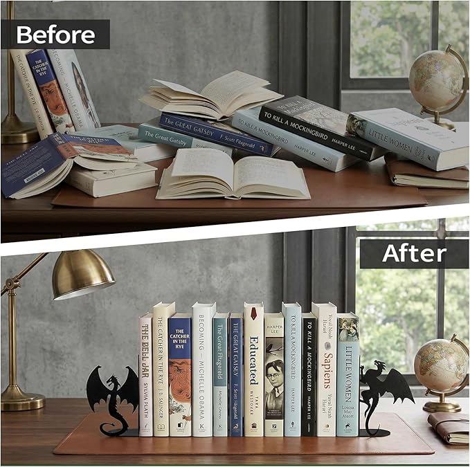 Dragon Bookends Decorative Metal Book Ends for Shelves, Unique Office Desk Bookends Cute Stoppers Reading, Bookshelf Decor for Office School Bedroom Gift for Dragon Lovers and Reading Enthusiasts