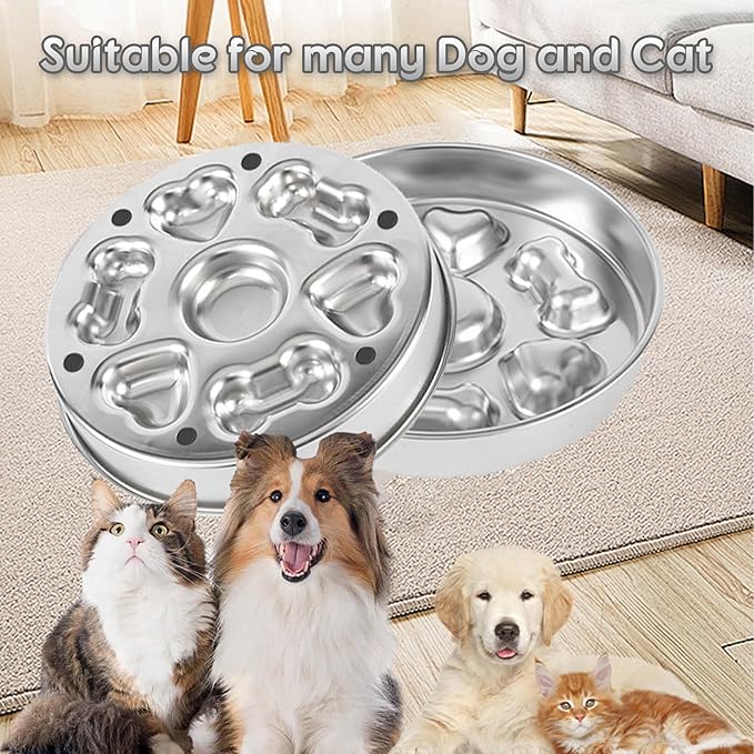 2 in 1 Slow Feeder Dog Bowl Stainless Steel, Medium Breed 2-Cups Slow Down Eating Dish, Dog Cat Food Bowls for Small & Medium Sized Dog (Dual-Purpose Dish)