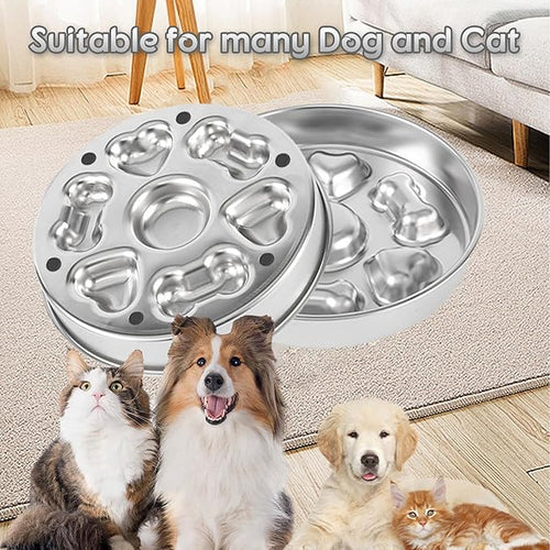 2 in 1 Slow Feeder Dog Bowl Stainless Steel, Medium Breed 2-Cups Slow Down Eating Dish, Dog Cat Food Bowls for Small & Medium Sized Dog (Dual-Purpose Dish)