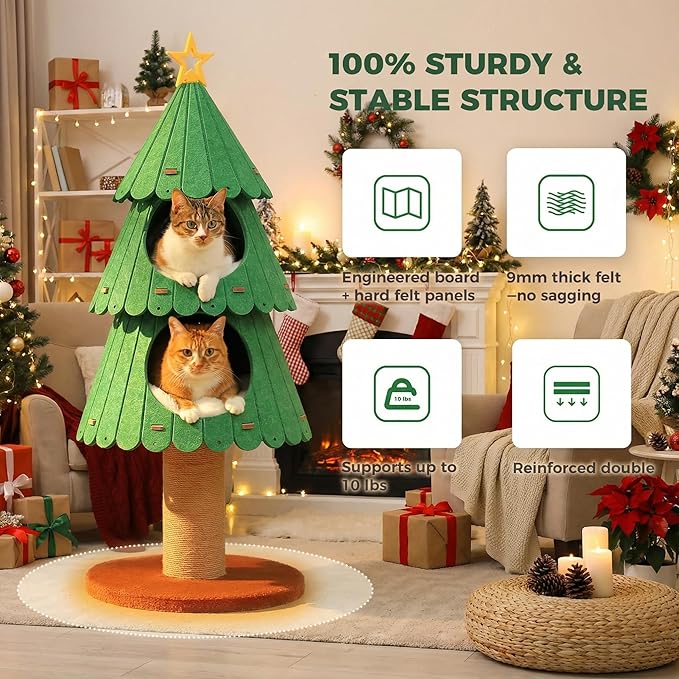 MUTTROS 42.9 Inch Cat Tree for Indoor Cats, Cute Cat Tower with 2 Cozy Houses, Holiday Kitty Climbing Furniture for Kittens to Play and Sleep