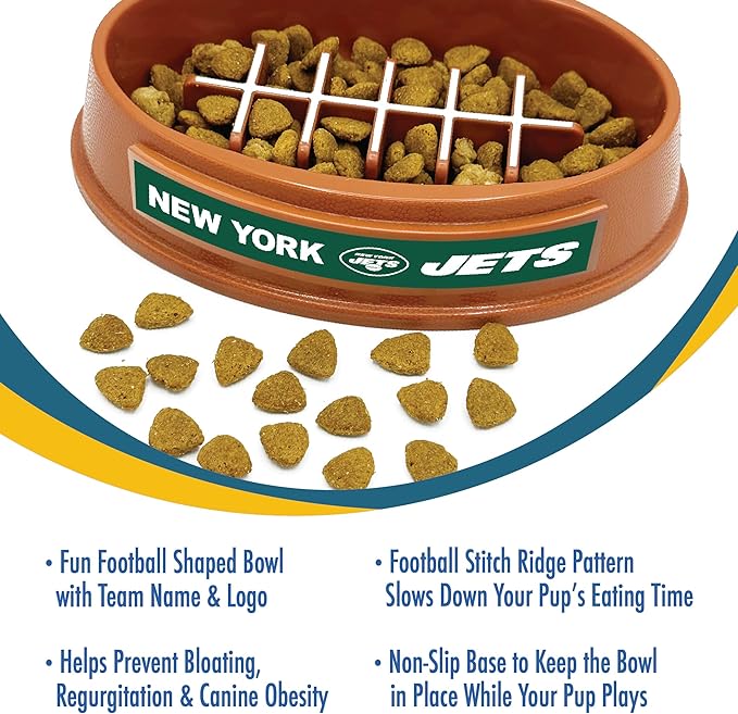 NFL Super-Bowl New York Jets Slow Feeder Dog & Cat Bowl. Football Design for Healthy Digestion. Non-Slip for Large & Small Pets