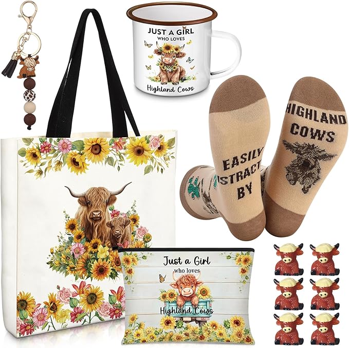 Highland Cow Lover Gifts for Women Birthday Gifts Baskets Set Include Canvas Tote Bag, Makeup Bag, Socks, Keychain, Enamel Mug, Small Figurines for Mom, Wife, Sister, Friend