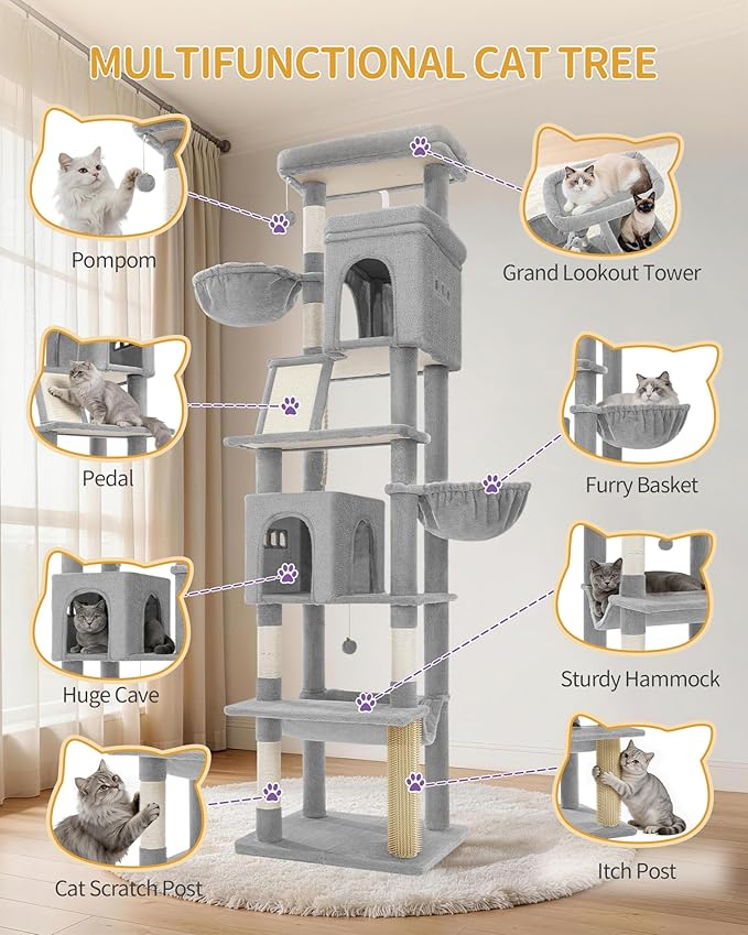 Hzuaneri Large Sturdy Cat Tree Tower, 84 Inch Tall Pet Condo For 7 Large Cats, Cat Tree Indoor Climbing Activity Tower, 2 Large Platform/2 Cave/2 Hanging Basket/5 Scratching Post, Light Grey MS21318LG