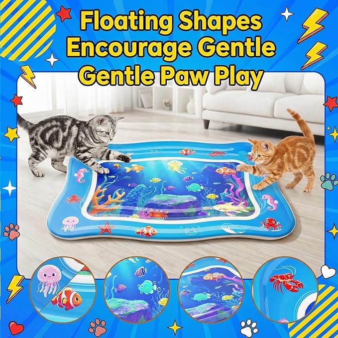 Cat Water Mat - Interactive Cat Toys Upgraded Thickened 0.7mm PVC Cooling & Heating Water Bed with Floating Fish, Anti-Scratch Leak Proof Foldable Water Sensor Play Mat for Cats