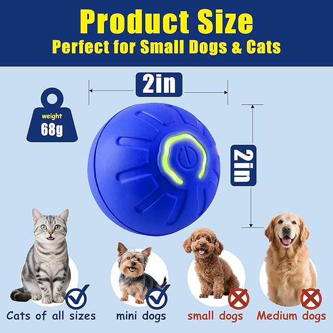 Interactive Self-Moving Pet Toy Ball - Motion-Activated Auto Rolling, Military-Grade Chew Resistant, USB-C Rechargeable for Small Dogs & Cats (Orange, Small) (Blue, Small)
