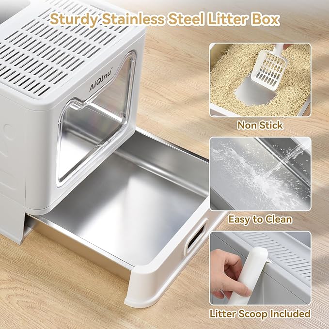 AiQInu Foldable Stainless Steel Cat Litter Box with Lid & Scoop, Large Enclosed Metal Litter Box with High Sides, Anti-Leakage & Odor Control, Easy Clean, for Big Cats Up to 20 LBS