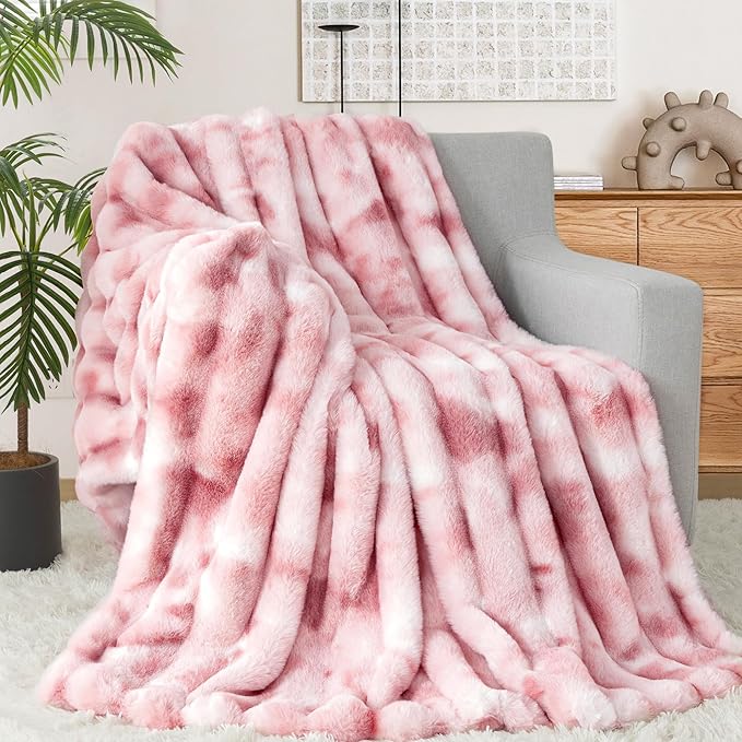 Touchat Luxury Faux Rabbit Fur Twin Blanket for Couch, Super Heavy Warm Cozy Throw for Sofa Bedroom Living Room, Ultra Soft Fluffy Reversible Plush Blankets for Home Decor Gifts, Tie-dye Pink