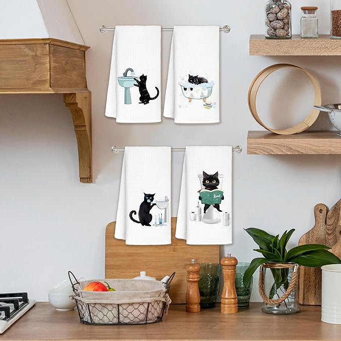 Jvpke Funny cat Hand Towel for Bathroom Set of 4 - Black Cat Decor, Cat Towels for Cat Lovers, cat Lover Gifts for Women, Cat Bathroom Decor, Black cat Gifts for Women cat Lovers, 16x24
