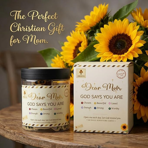 Bible Verse Jar for Mom — Dear Mom God Says You Are, 60 Daily Scripture Encouragement Cards, Sunflower Affirmation Jar, Christian Mothers Day Gift from Daughter Son