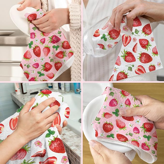 Hexagram Strawberry Kitchen Towels Set of 2, Strawberry Decor Gifts for Women, Funny Cute Housewarming Dish Hand Towels for Home Kitchen Decor