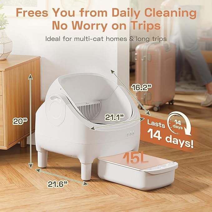 WARCAT Litter Box – Electric Automatic Self-Cleaning, Open-Top Design, Smart APP Control, 15L Large Waste Bin, Easy Odor Control, Includes Trash Bags & Mat (White)