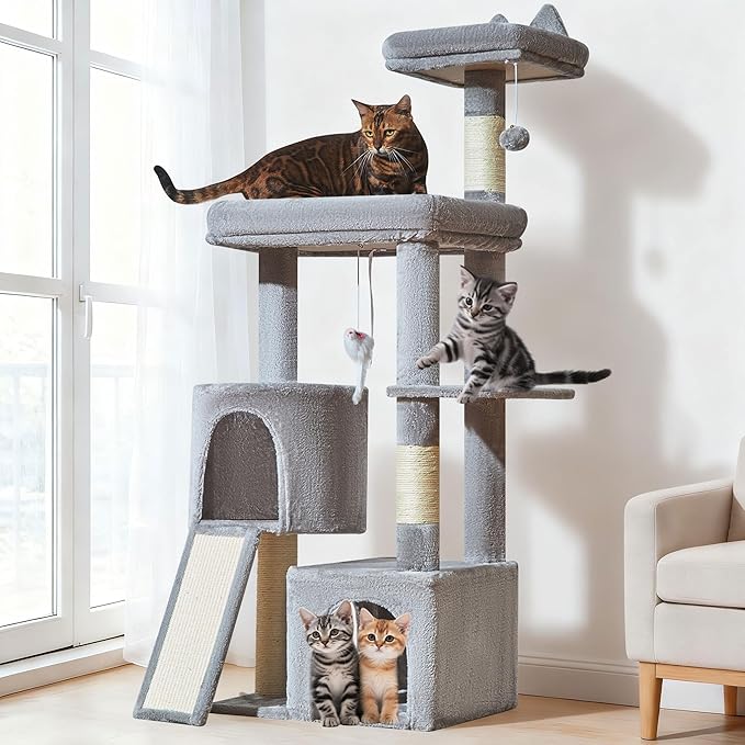 Taoqimiao Cat Tree for Indoor Cats, 55.1In Sturdy Cat Tower, Large Platform, Rotatable Round Condo with Large Scratch Board, Extended Cat House, Thickened Full-Sisal Scratching Post, Light Gray, F10W
