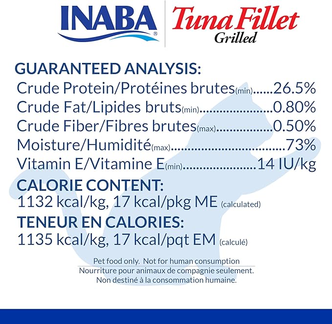 INABA Premium Hand-Cut Grilled Tuna Fillet Cat Treats/Topper with Vitamin E and Green Tea Extract, 0.52oz. Each, Pack of 6, Extra Tender Tuna Broth