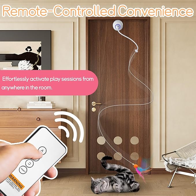 Automatic Door Hanging Cat Toy - Rechargeable Electric Feather Teaser Remote Control, 4 Replaceable Feathers, Interactive Exercise Toy for Indoor Cats & Kittens (White)