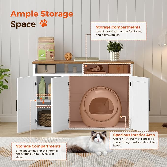 Cat Litter Box Enclosure for Self Cleaning Litter Boxes, Large Hidden Litter Box Furniture with Shelves, Wooden Cat Washroom Storage Cabinet, Automatic Litter Box Enclosure, White CWBZ3001