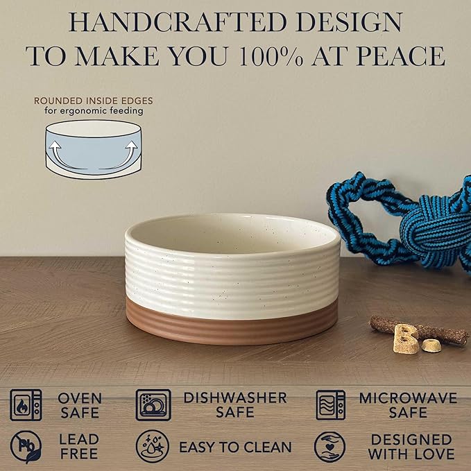 Mora Ceramic Pet Bowl - Large Food/Water Dish for Large Dogs, Cats, Great Dane, Mastiff - 50oz or 8 Cups - Basic Bowls - Vanilla White