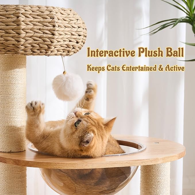 38" Modern Cat Tree Tower for Indoor Cats, Solid Wood Cat Furniture with Handwoven Rattan Basket Bed & Cave, Capsule Nest, Sisal Scratching Posts and Self-Groomer, Space-Saving Cat Condo