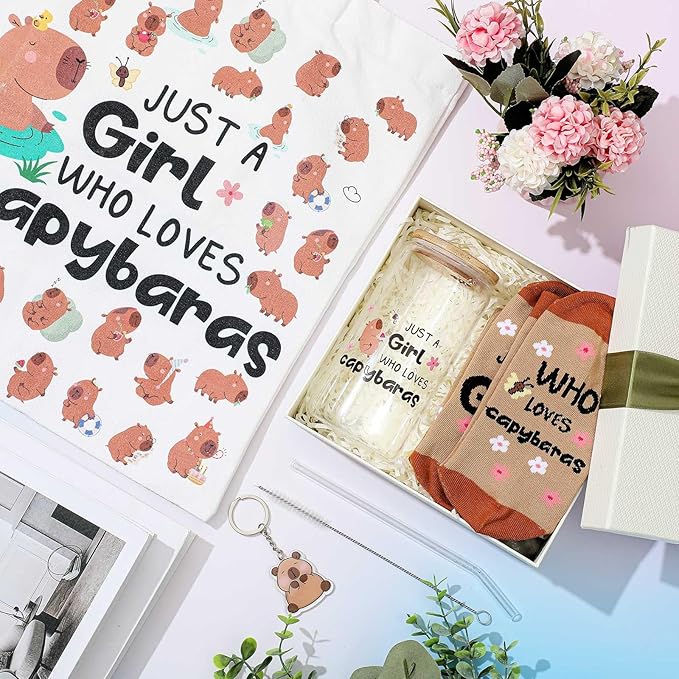 Paterr 4 Pcs Capybara Gifts for Women Mom, Capybaras Lovers Gifts for Mother's Day Birthday Decorations, with Canvas Tote Bag 16oz Glass Coffee Cup with Straw Socks Cute Keychain