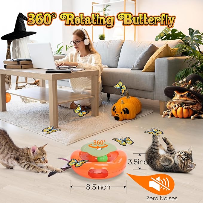 Interactive Cat Toy 3in1 Halloween Cat Toys Pumpkin Whack a Mole Cat Toy with Rotating Butterfly Cat Enrichment Battery Operated