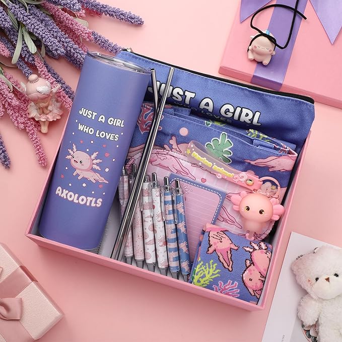 Wonderjune 14 Set Axolotl Lover Gift Set, Axolotl Gifts for Girls Cute Birthday Graduation Gifts for Her, Gift Baskets for Axolotls Lover Friends, Girls, Daughters, Sister