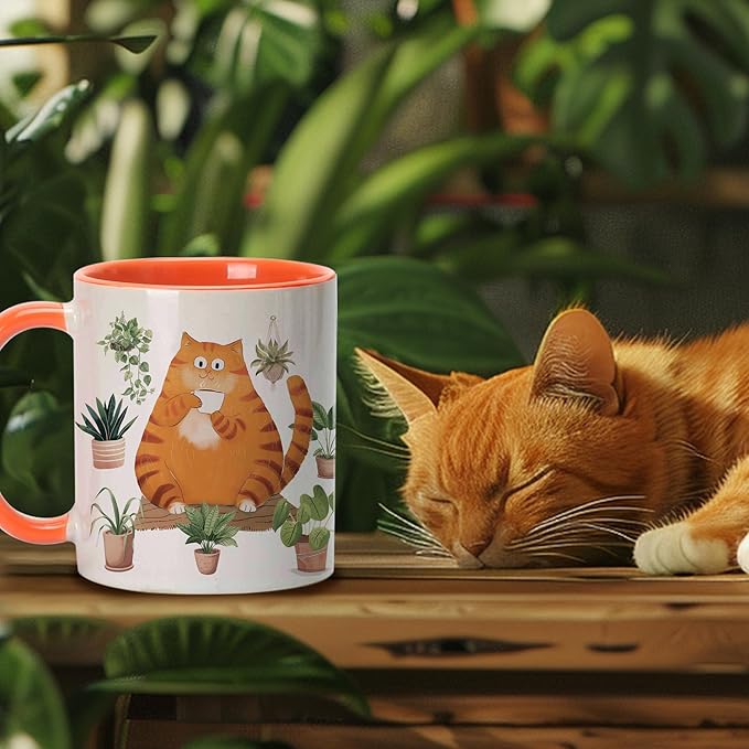 Hyturtle Cute Orange Cat Coffee Mug, Christmas Gifts For Cat Mom, Plant Decor Gift For Plant Lovers, Gardening Birthday Gift for Girls, Gardener Present 11oz Two Tone Orange White Ceramic Tea Mug Cup